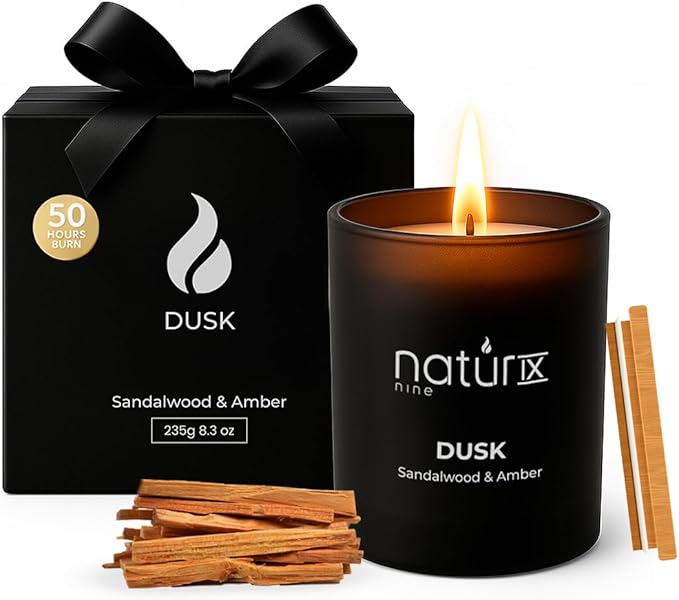 Natur IX Dusk Scented Candles for Home | Sandalwood & Amber | Natural Non Toxic Soy Candles with Essential Oils | 50 H Long Burning