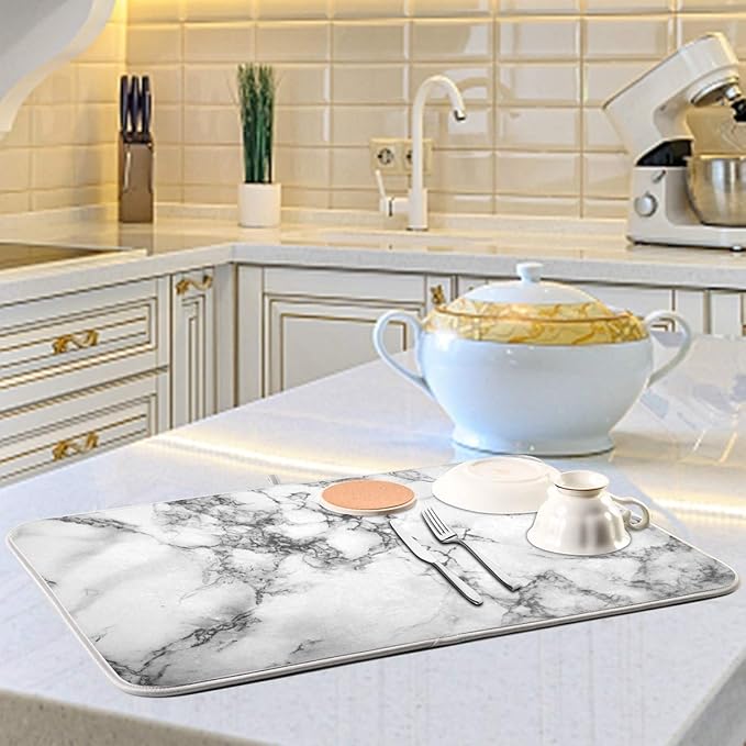 Black Grey Marble Dish Drying Mat 18x24 for Kitchen White Marble Print Dishes Pad Dish Drainer Rack Mats Absorbent Fast Dry Kitchen Accessories