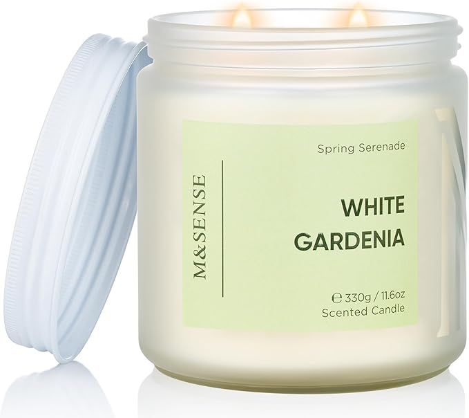 M&SENSE White Gardenia Scented Candle - 11.6oz Natural Soy Wax 70-Hour Long Lasting Burn Time Non Toxic, 2-Wick Spring Flower Candle Easter for Home Decor Aromatherapy Gifts for Mom