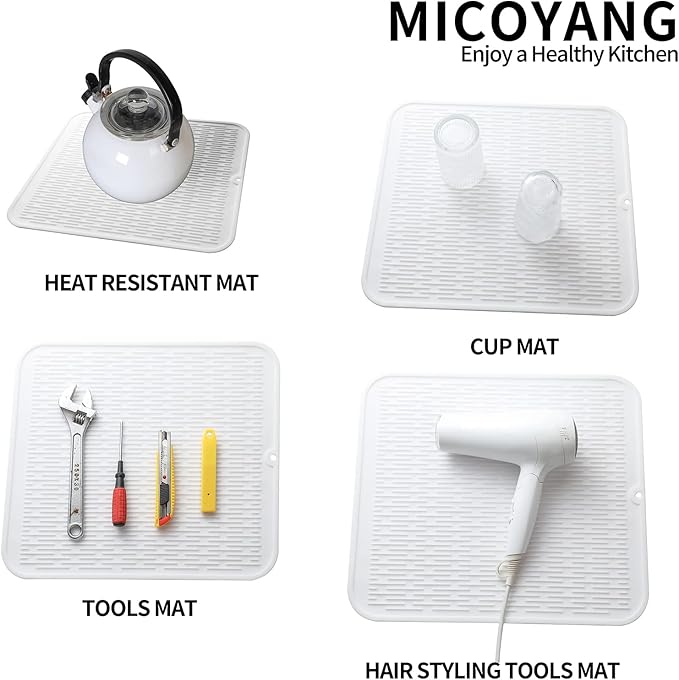 MicoYang Silicone Dish Drying Mat for Multiple Usage,Easy clean,Eco-friendly,Heat-resistant Silicone Mat for Kitchen Counter or Sink,Refrigerator or Drawer Liner White 2XL 24 inches x 18 inches