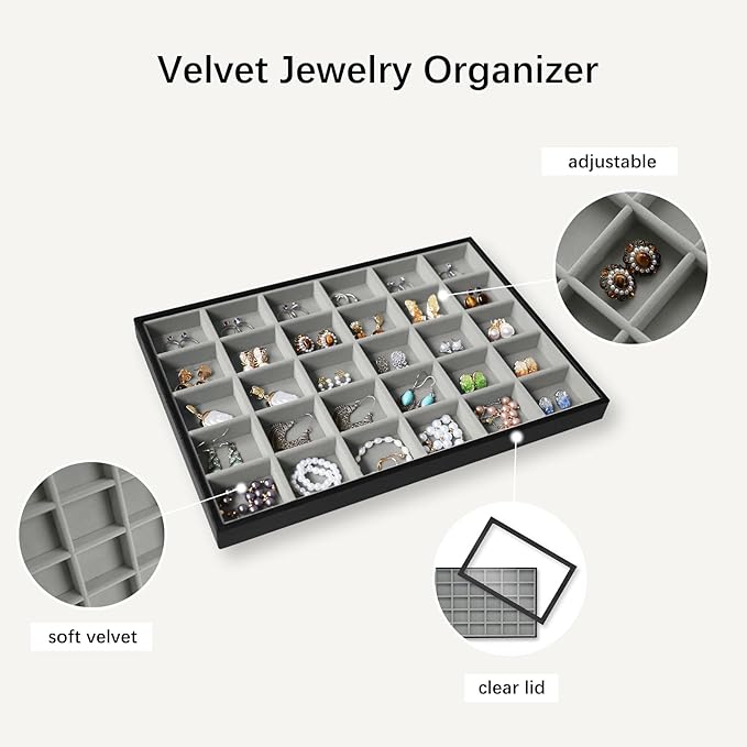 Wudygirl Jewelry Organizer 30 Grid Jewelry Tray with Lid Earring Holder Organizer for Women Ring Earring Bracelet Holder Storage (Pu Black Gray)