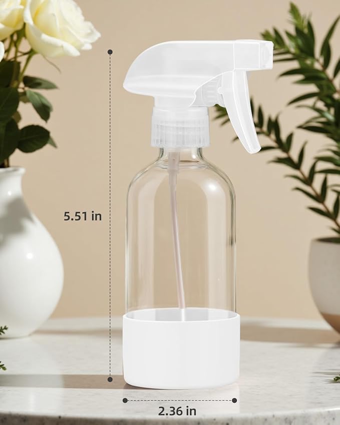 Worldgsb 2 Pack Glass Spray Bottles 8 oz, Empty Refillable Containers with Silicone Sleeve Protection, Glass Spray Bottles for Cleaning Solutions, Hair and Plants with Adjustable Nozzles Black&White