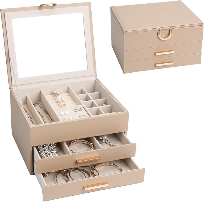 Elegant Gift Jewelry Box with Mirror - 3-Layer Organizer for Earrings, Rings, Necklaces, Ready to Give for Birthday Anniversary Christmas Apricot
