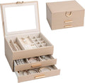 Elegant Gift Jewelry Box with Mirror - 3-Layer Organizer for Earrings, Rings, Necklaces, Ready to Give for Birthday Anniversary Christmas Apricot