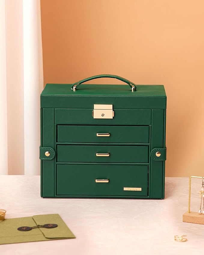 Homde 2 IN 1 Jewelry Box for Women Girls with Small Travel Case Mirror Necklace Ring Earrings Organizer (Forest Green + Gold)