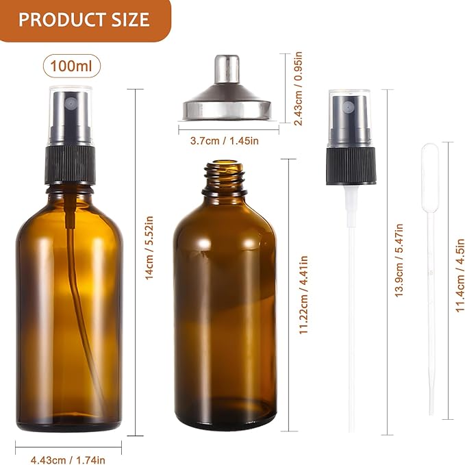 ALIFEIA 3.4 oz Amber Glass Spray Bottles,Empty Fine Mist Refillable Travel Spray Bottle for Cleaning,Perfume,Aromatherapy,Cosmetic Sprays,Hair,Essential Oils with Fine Mist Dispenser（6 Pack）