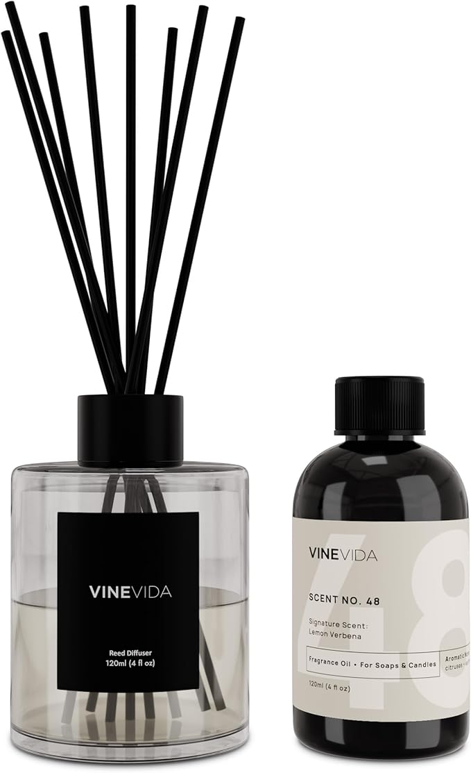 VINEVIDA Scent NO. 48 Reed Diffuser - 120mL (4oz) - Signature Scent: Lemon Verbena, Reed Diffusers for Home, Office, Bathroom, Made in USA Scent Diffuser Sticks, Room Fragrance Diffuser