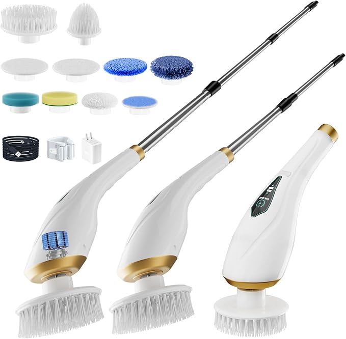 Electric Spin Scrubber Cordless Shower Cleaning Brush with 10 Replaceable Brush Heads, Extendable Handle Up to 59", 2 Speed, Waterproof, 2H Cleaning Time for Bathroom Shower Tile Glass Car
