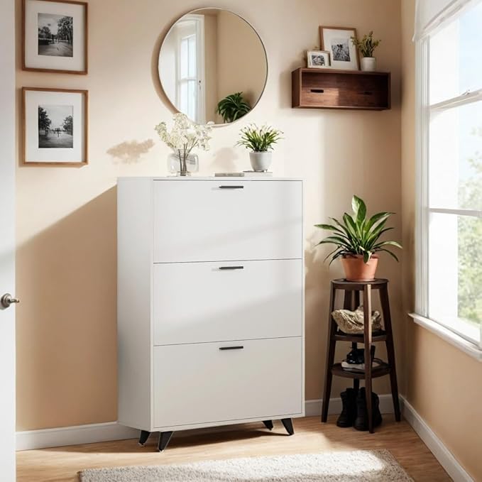White Shoe Storage Cabinet - Fit up to Size 16, 3 Flip Drawers, Wooden Organizer for Entryway, Closet, Living Room