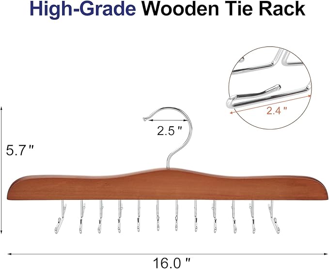 TOPIA HANGER Tie Rack Hanger for Closet, Wooden Tie Organizer for Men with 24 Folding Hooks, Space Saving Necktie Holder for Storage and Display Bra, Tank Top, Camisole (2-Pack), Walnut- CT14WA-2