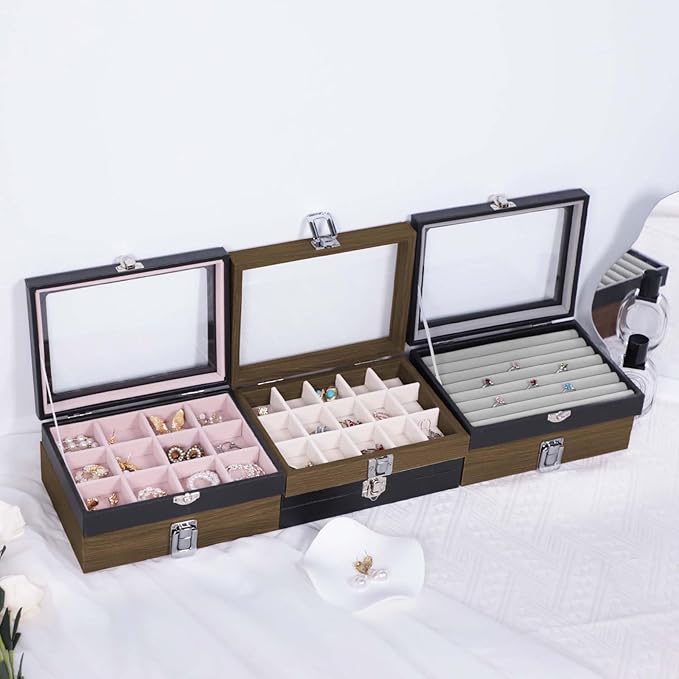 Stratalife Ring Box with Glass Lid Wood Jewelry Organizer for Women Ring Holder Display with Metal Clasp Velvet Lining Small Ring Tray for Jewelry Storage Beige