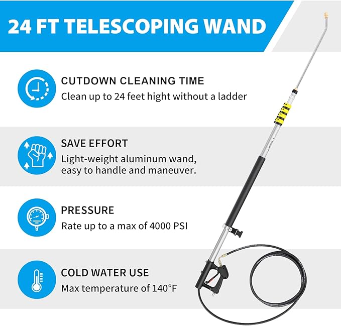 ExtraFein 24 FT Telescoping Pressure Washer Wand Extension, Hot Water Supported Power Washer Extension Wand with Brush Head, 5 Nozzle Tips, 2 Adapters, Harness, Gutter Cleaning Tools from The Ground