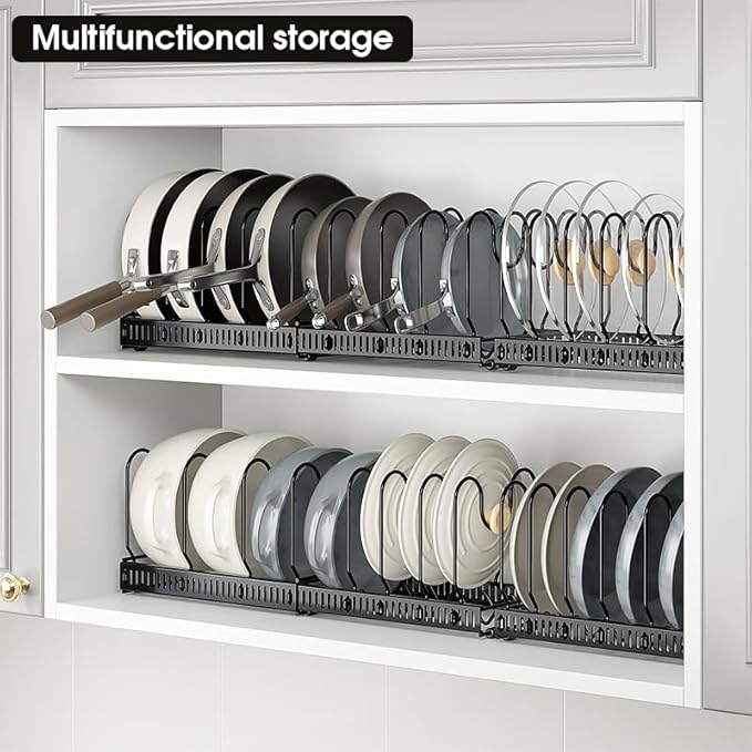 Expandable Pots and Pans Organizer Rack, Pot Lid Kitchen Cabinet Organizer Holder with 10 Adjustable Compartment, Kitchen Cabinet Organizer for Pots, Pans, Lids & Bakeware, Countertop Storage