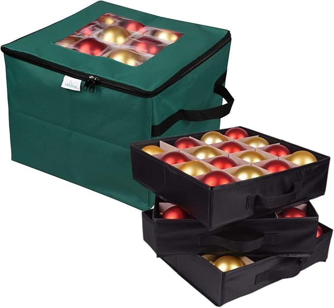 ProPik Christmas Ornament Storage Box, Organizer Holds Up to 48 Xmas Balls with 3 Separate Removable Trays, Container has Dividers to Organize Holiday Tree Ornaments (Green)