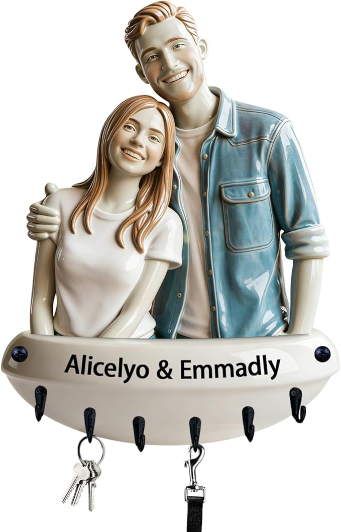 Personalized Ceramic Style Couple Photo Wall Mounted Hooks Custom 2D Flat Print Realistic Style Key Storage Holder for Bedroom Living Room Hallway Couple Photo Coat Rack Home Decor Gift for Lover