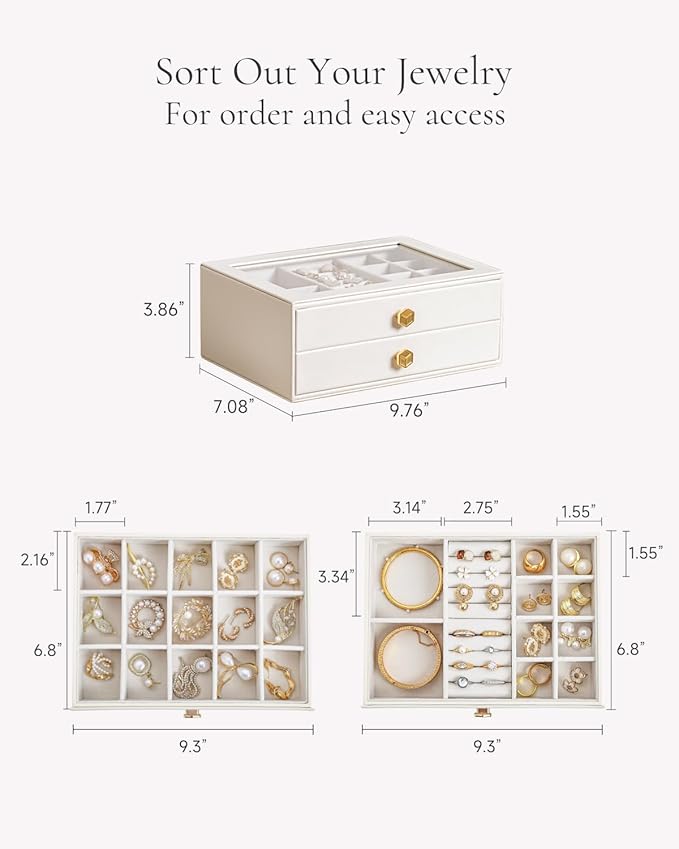 CASEGRACE Jewelry Box for Women with Glass Lid - Leather Jewelry Storage Organizer 2 Drawers for Necklaces, Rings, Earrings & Bracelets, Ideal Gift (White, 2 Layer)