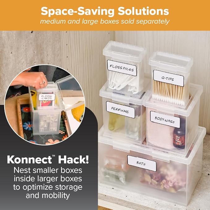 Bostitch Konnect Storage Containers with Lids, Organizer, Clear Plastic Box, Stackable Nesting Bins, Small, 2 Pack