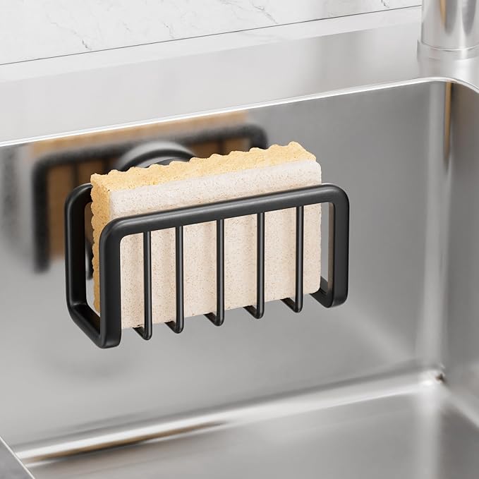 TAILI Sponge Holder for Kitchen Sink with Strong Suction Cup, Rustproof Aluminum Sink Caddy, Removable Sponge Holder, Dish Brush for Scraper - Black