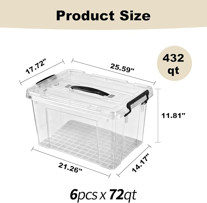 6 Pack Clear Storage Bins with Lids, 72 Qt-Stackable Plastic Organizer for Home, Office, Garage, BPA-Free, Heavy-Duty, See-Through Containers with Secure Latches & Handles