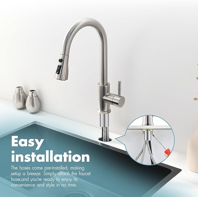 GIMILI Kitchen Faucet with Pull Down Sprayer Single Hole Kitchen Sink Faucet Suitable for Farmhouses RV Laundry Room Outdoor and Campers Brushed Nickel