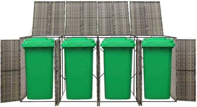 Quadruple Wheelie Bin Shed Garbage Can Storage Shed, PE Trash Container Management Unit, Outdoor Patio Recycling Dustbin Trash Shed, Gray 107.9"x31.5"x46.1" Poly Rattan -AA