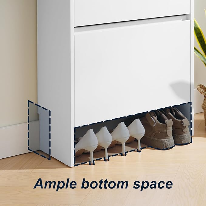 Shoe Cabinet Organizer with 2 Flip Drawers，Freestanding Shoe Rack Cabinet，Narrow Shoe Cabinet Storage for entryway, Foyer, Hallway, White, 23.6" W