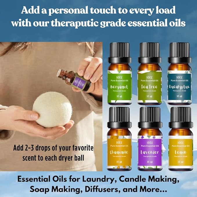 Essential Oils for Laundry – 6 Most Popular 100% Pure Therapeutic Grade Aromatherapy Oils, Lavender, Tea Tree, Eucalyptus, Bergamot, Lemon, Chamomile for Dryer Balls, Diffusers, Soaps, Candles