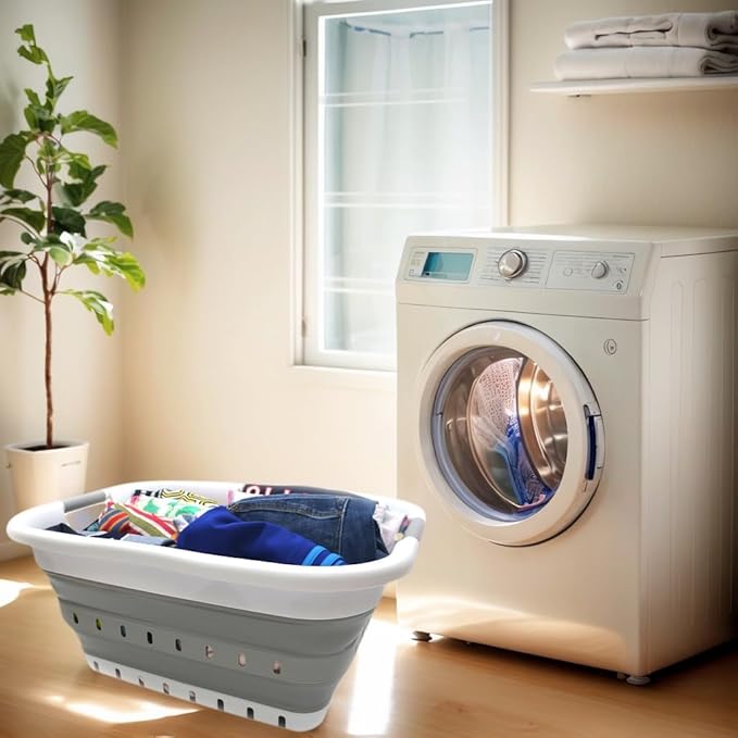 SAMMART 41L (10.8 gallon) Set of 2 Collapsible 3 Handled Plastic Laundry Basket-Foldable Pop Up Storage Container/Organizer-Space Saving Hamper/Basket (2, White/Grey)