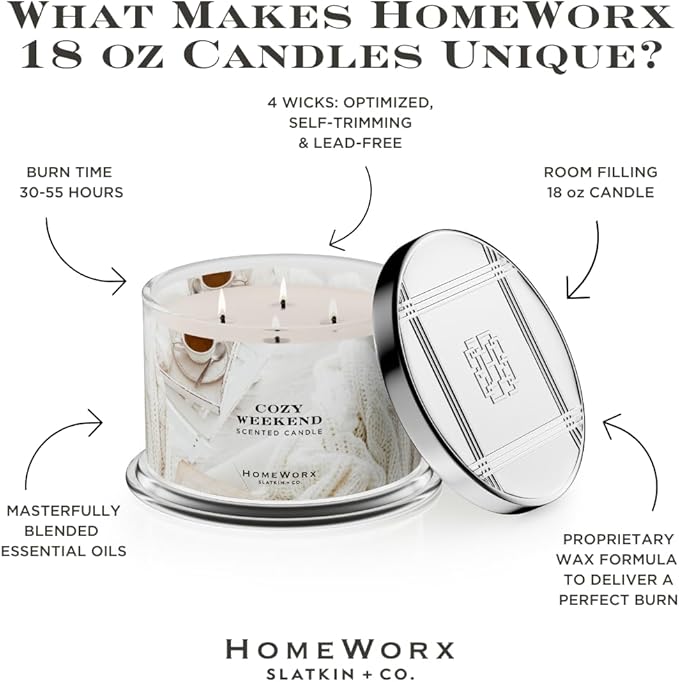 Premium Scented 18oz Candle - HomeWorx by Slatkin & Co - Cozy Weekend - 4 Wicks - Long-Lasting Jar Candle, 30-55 Hours Clean Burn Time - Cozy Woods. Roasted Almond, Clover Honey & Vanilla