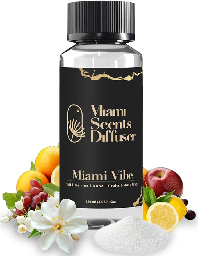 Miami Luxe Escape Essential Oil Refill Luxury Hotel Inspired - Long Lasting Aroma for Home & Office Diffuser - 120 ml Fresh Blend of Jasmine, Fruits and Musk Wood, Scent for Spa Wellness Aromatherapy.