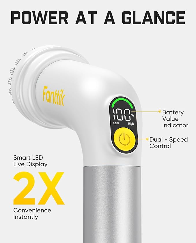 Fanttik G9 Handy Cordless Electric Spin Scrubber, MagnaStorm Motor, Dual-Speed, 5 Brush Heads, LED Display, IPX7 Waterproof, 2500mAh with Type-C Charging, for Kitchen, Sink, Tile, Stove- White
