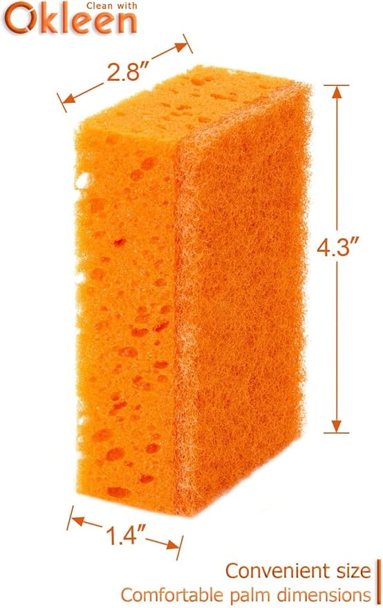 Okleen Orange Multi Use Scrub Sponge. Made in Europe. 9 Pack, 4.3x2.8x1.4 inches. Odorless Heavy Duty and Non Scratch Fiber. Durable and Delicate Scrubber for Dirty Surfaces in Kitchen, Home, Outdoors