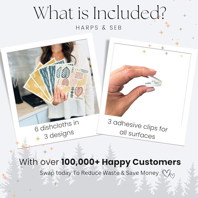 Harps&Seb Swedish Dishcloths for Kitchen Dishcloths - 6 Pack, Reusable Paper Towels with Clips, Super Absorbent Washable Non-Scratch Swedish Dish Towels, No Odor, Biodegradable