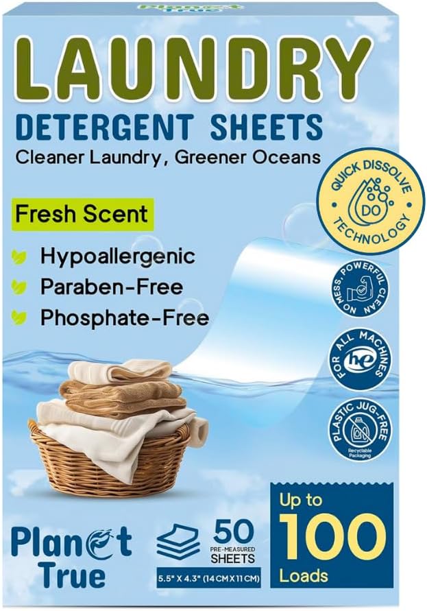 Eco-Friendly Laundry Detergent Sheets, 100 Loads (50 Sheets) Fresh Scent, Concentrated Laundry Sheet Detergent, Quick-Dissolve Plastic-Free Washing Detergent Sheet for Home & Travel