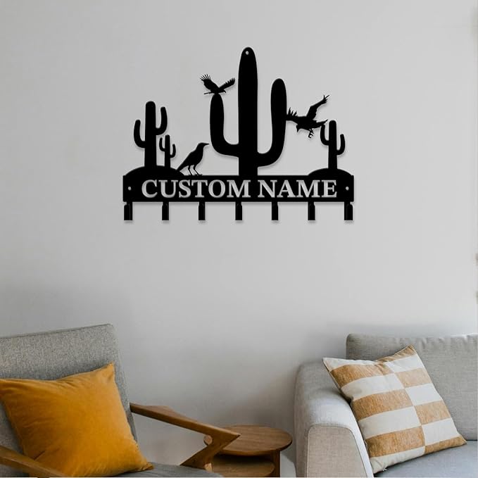 Personalized Custom Name Cactus Wall Keys Hooks,Metal Cactus Art Clothes Hooks,Metal Cactus Lover Wall Home Storage Decorative,For Front Door, Hallway, Kitchen, Bedroom,Keys,Hats (Style H)