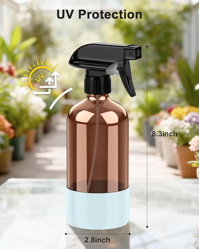 Bontip Amber Glass Spray Bottle with Silicone Sleeve Protection, 16 oz Refillable Spray Bottle for Cleaning Solutions, Plants, Aromatherapy, Facial Hydration (Blue Sleeve(Amber Bottle)