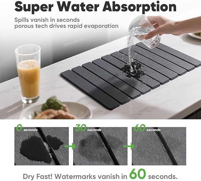 Stone Drying Mat for Kitchen Counter, Quick Diatomaceous Earth Mats for Dishes, 23.6"L x 15.7" W Super Absorbent Fast Drying Collapsible Countertop Stone Mat (Dark Grey, Extra Large)