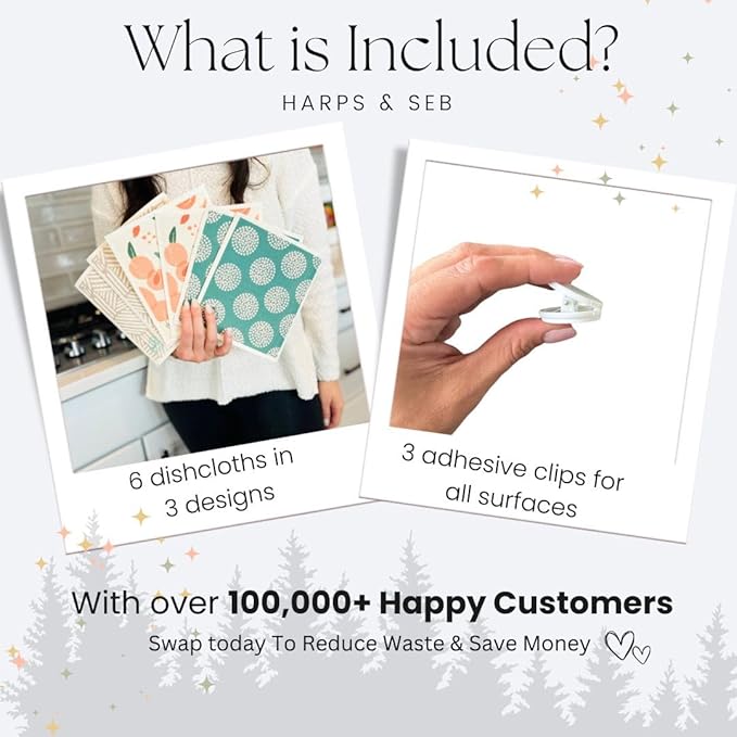 Harps&Seb Swedish Dishcloths for Kitchen Dishcloths - 6 Pack, Reusable Paper Towels with Clips, Super Absorbent Washable Non-Scratch Swedish Dish Towels, No Odor, Biodegradable