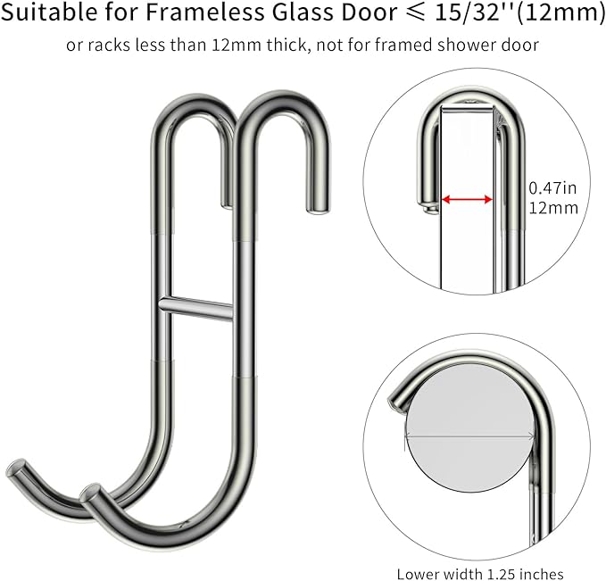 Over Shower Glass Door Hooks, 2 Pack Silver 304 Stainless Steel Shower Door Hooks, Bathroom Frameless Drilling-Free Hanger, Towel Hooks, for Bathing Suits, Robe, Towel, Squeegee, Loofah, Shaver