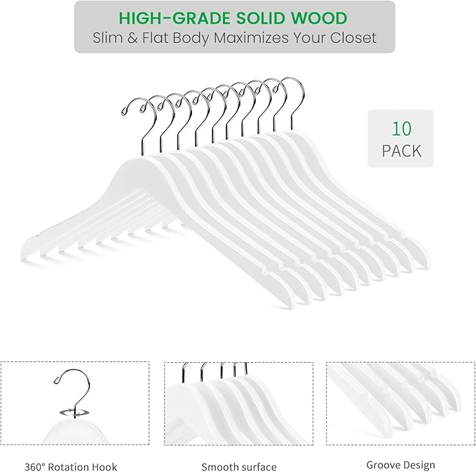 Nature Smile Wooden Coat Hangers Wood Shirt Dress Jacket Clothes Hangers with Extra Smooth Finish, 360 Degree Swivel Hook(10pcs White)