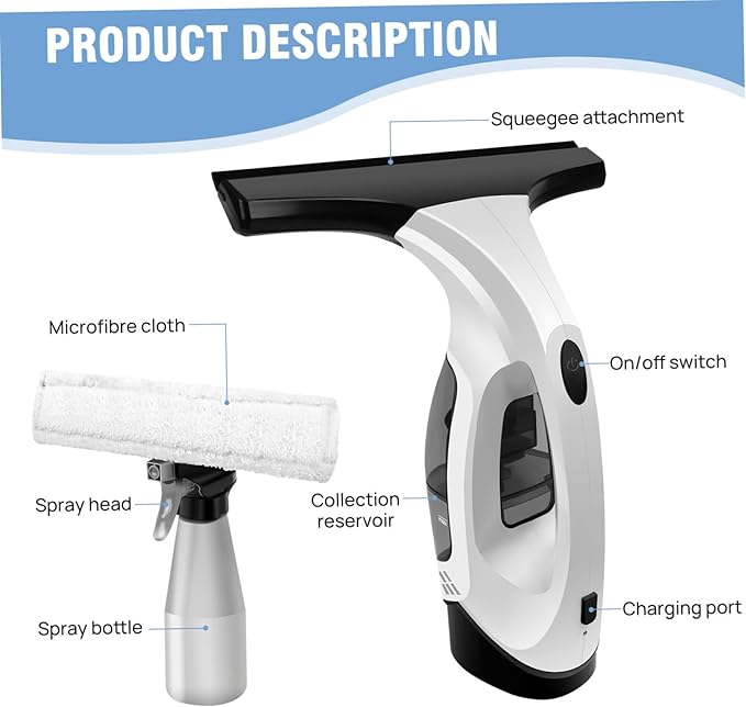 Window Vacuum Squeegee Cordless Electric Window Cleaner Squeegee Sparkling Finish Mirror Cleaner Tool for Showers, Glass, Countertops, Tiles Vacuum, Electric, f