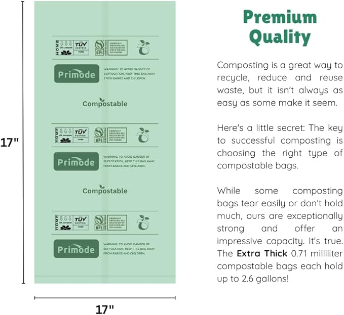 Compost Bags, Compostable Trash Bags 3 Gallon Compostable Bags Small Compost Bags for Countertop bin Extra Thick 0.71 Mil. ASTM D6400 Certified By BPI and TÜV AUSTRIA (3 Gallon, 100 Units)