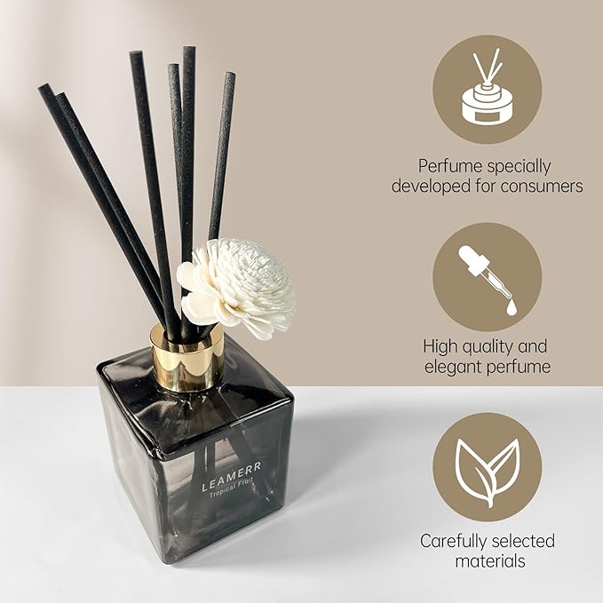 Reed Diffuser Set, 6.1 oz (180 ml) My Way Woody Fragrance Diffuser with 6 Reed Sticks and Scented Diffuser Flower Long-Lasting Home Fragrance Reed Diffuser for Home Room Office Bathroom Shelf Decor