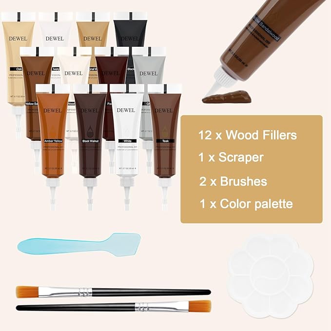 DEWEL Furniture Repair kit, 12 Colors Wood Filler for Scratch Cover, Floor Scratch Remover Stain Marker Set, Touch Up Paint for Wooden Floors Cabinet Tables, Fix Furniture Scratches Cracks Hole