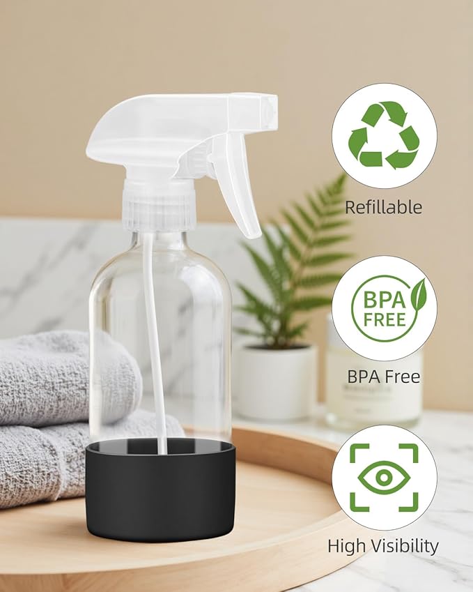 Worldgsb 2 Pack Glass Spray Bottles 8 oz, Empty Refillable Containers with Silicone Sleeve Protection, Glass Spray Bottles for Cleaning Solutions, Hair and Plants with Adjustable Nozzles Black&White