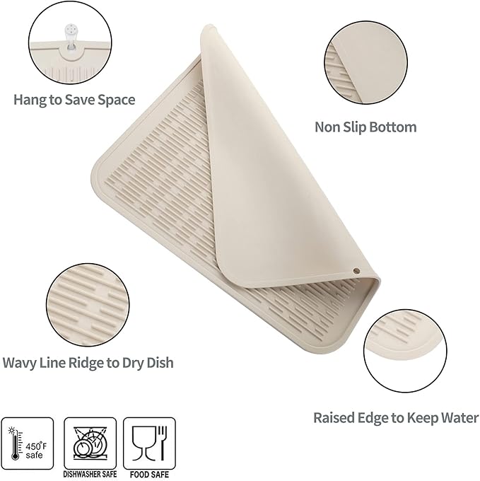 MicoYang Silicone Dish Drying Mat for Multiple Usage,Easy clean,Eco-friendly,Heat-resistant Silicone Mat for Kitchen Counter or Sink,Refrigerator or Drawer Liner Tapioca XL 18 inches x 16 inches