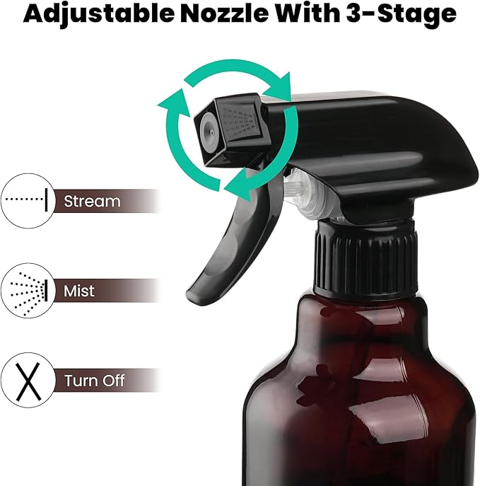 Glass Spray Bottles with Silicone Sleeve, 2 Pack 16 oz Refillable Amber Glass Spray Bottle with Adjustable Spray Nozzles, Empty Bottle Spray for Cleaning Solutions, Hair, Plants (Black+Blue)