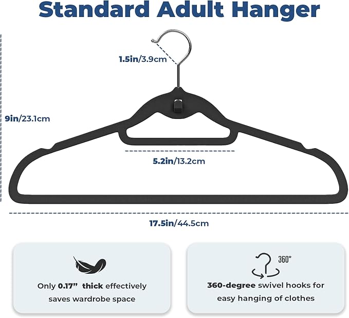 Limogoo Black Velvet Hangers 50 Pack, Felt Covered Non Slip Fabric with Stackable Cascading Hook, Ultra Thin and Space Saving with 360° Swivel Neck, 15Lbs Capacity for Clothes, Suit, Shirt, Coat