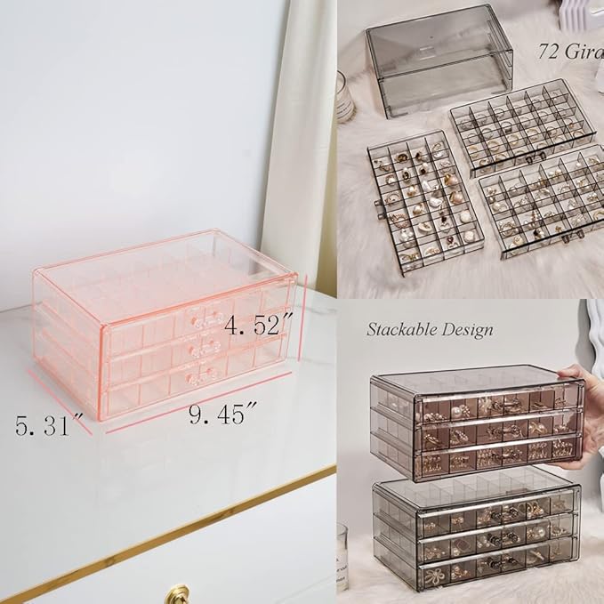Earring Storage Box Organizer 3 Drawers Acrylic Jewelry Storage Box Holder Transparent Jewelry Display Stand with 72 Small Compartments Gift for Women Girls (Clear Pink)