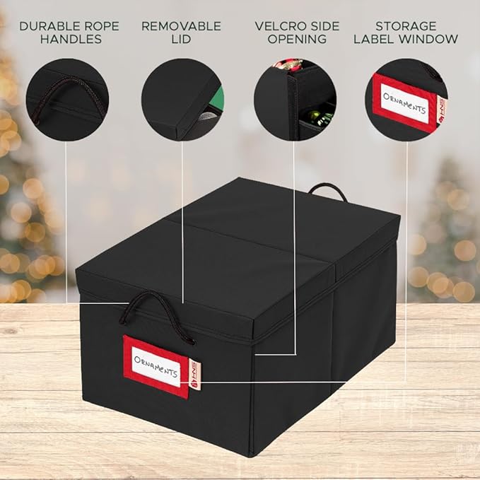 HOLDN’ STORAGE Christmas Ornament Storage Box with Dividers, Holds 72 Ornaments (3 Inch), Large Ball Storage Container with 3 Removable Trays, Durable and Portable - Black